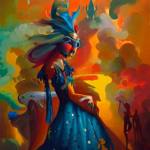 Image similar to a beautiful and vivid and colorful peter mohrbacher and andreas rocha impasto acrylic painting of a masquerade ball