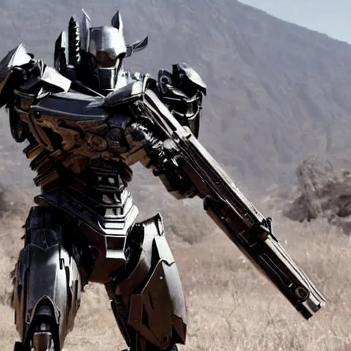 Image similar to cinematic still in westworld and real steel movie and pacific rim movie, one slim full body ornate armored core by fujioka kenki and by mamoru nagano, holding sci - fi rifle,