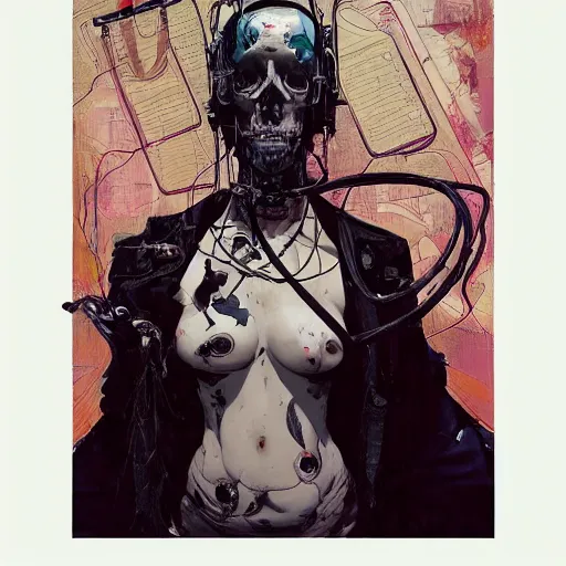 Image similar to a female cyberpunk noir detective, skulls, wires cybernetic implants, machine noir grimcore, in the style of adrian ghenie esao andrews jenny saville surrealism dark art by james jean takato yamamoto and by ashley wood and mike mignola