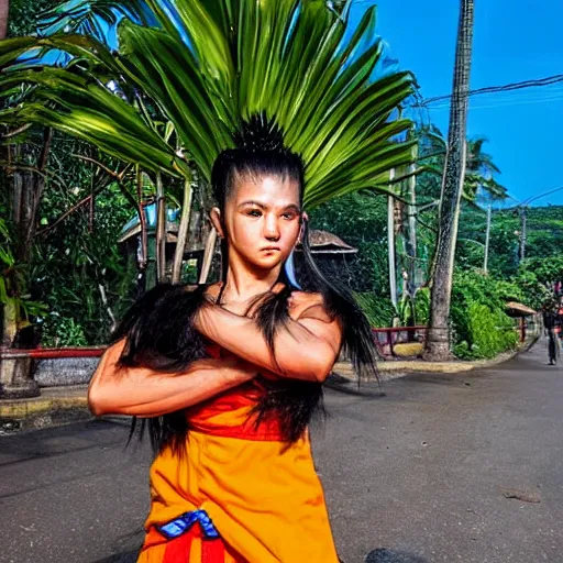 Prompt: Saiyan warrior girl, muscular girl, wild spiky black electrified hair, wearing kung fu uniform, walking through Bali, 1977, tropical palm trees, colorized