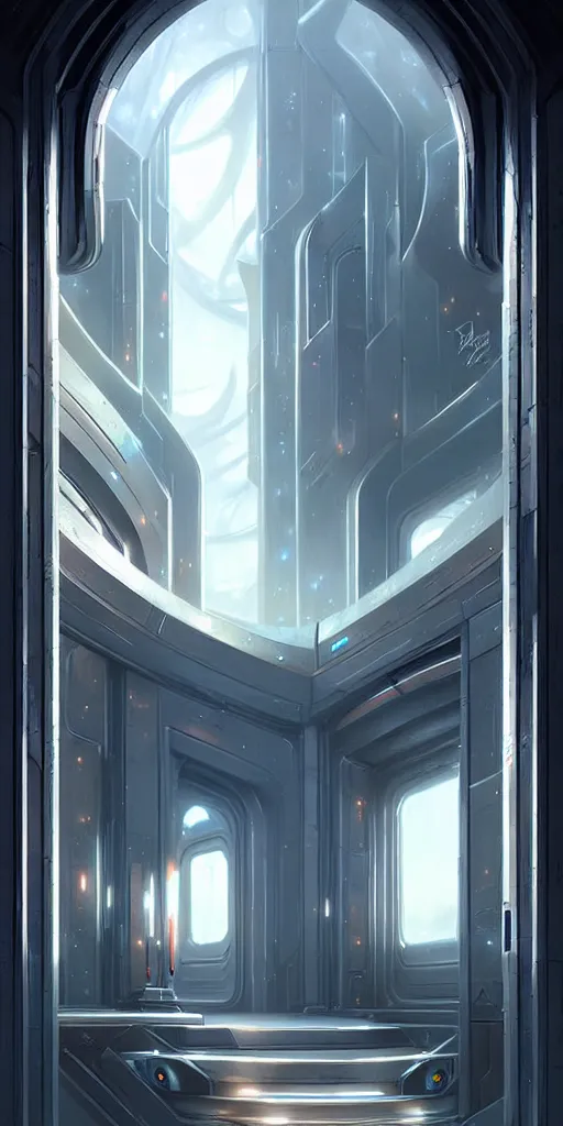 Image similar to hyper realistic art - deco sci - fi double door by jordan grimmer, darek zabrocki