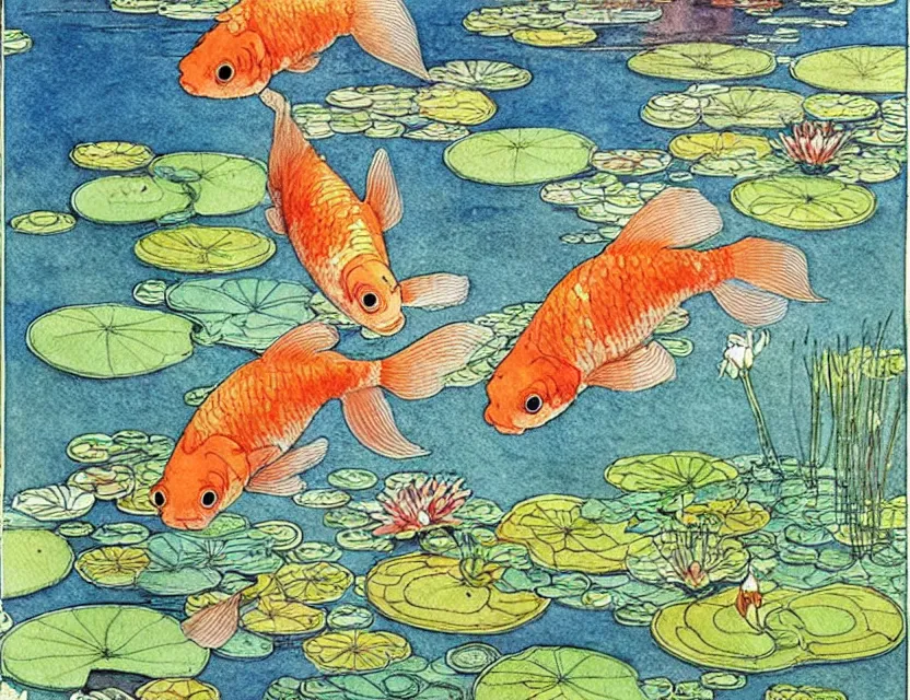 Prompt: single goldfish swimming in a pond full of lily pads seen from above, art by walter crane and kay nielsen, beautiful composition, interesting color scheme and intricate details, watercolor art