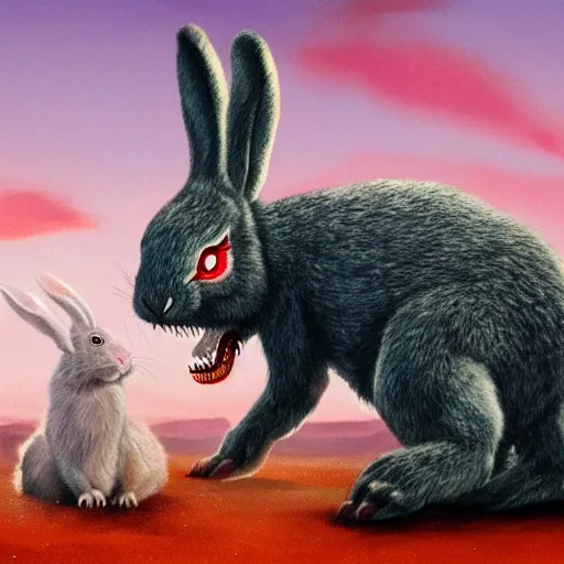 Prompt: Terrifying giant rabbit monster, large claws, huge teeth, red eyes