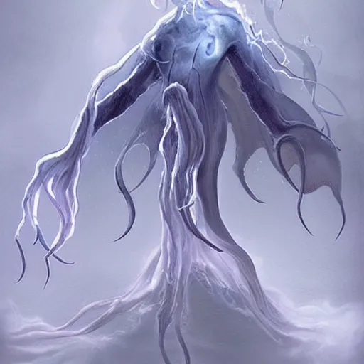 Image similar to concept designs for an ethereal ghostly wraith like figure made from wispy billowing smoke and sparks of electricity with a squid like parasite latched onto its head and long tentacle arms that flow lazily but gracefully at its sides like a cloak while it floats around a frozen rocky tundra in the snow searching for lost souls and that hides amongst the shadows in the trees, this character has hydrokinesis and electrokinesis for the resident evil village video game franchise with inspiration from the franchise Bloodborne and the mind flayer from stranger things on netflix in the style of a marvel comic