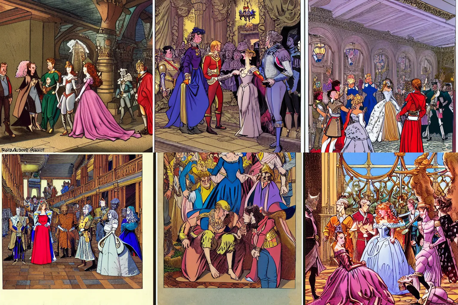 Prompt: a princess visiting royal court, surrounded by suitors, by arthur adams, color by mobius, highly detailed, trending