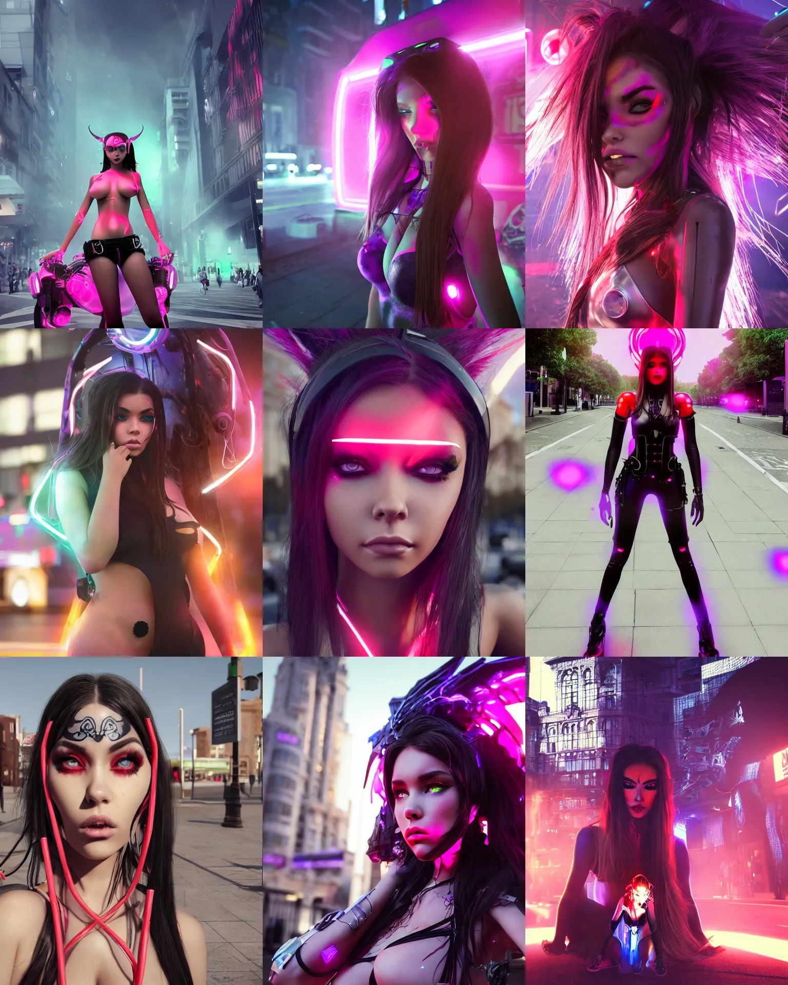 Prompt: young woman madison beer as an edc rave devil girl cyborg waiting at a bus stop in downtown london, octane render, anime, trending on artstation, unreal engine, volumetric lighting, concept art, sci - fi, photoreal, sweating, pouty face, looking at camera, symmetrical, greg rutkowski, wlop,