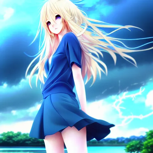 Image similar to a very beautiful anime cute girl, full body, long wavy blond hair, sky blue eyes, full round face, short smile, fancy top, miniskirt, front view, summer lake setting, storm weather, cinematic lightning, medium shot, mid-shot, highly detailed, cinematic wallpaper by Stanley Artgerm Lau