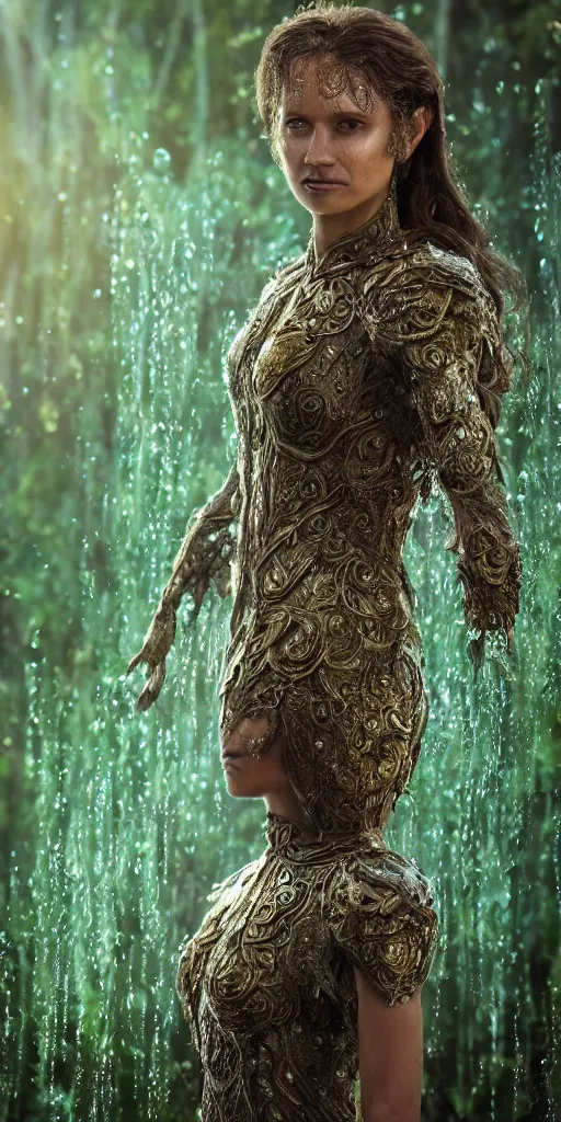Prompt: full shot of a regal brown woman wearing an intricate and detailed armor made of dew drops. woman is standing in a lush green forest. multiple layers. reflections. morning dew. textures. delicate. translucent. extremely coherent. studio portrait. photorealistic. octane render