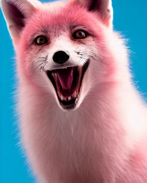 Prompt: pink fox yawning, portrait, blue background, 8 k, 8 5 mm f 1. 8