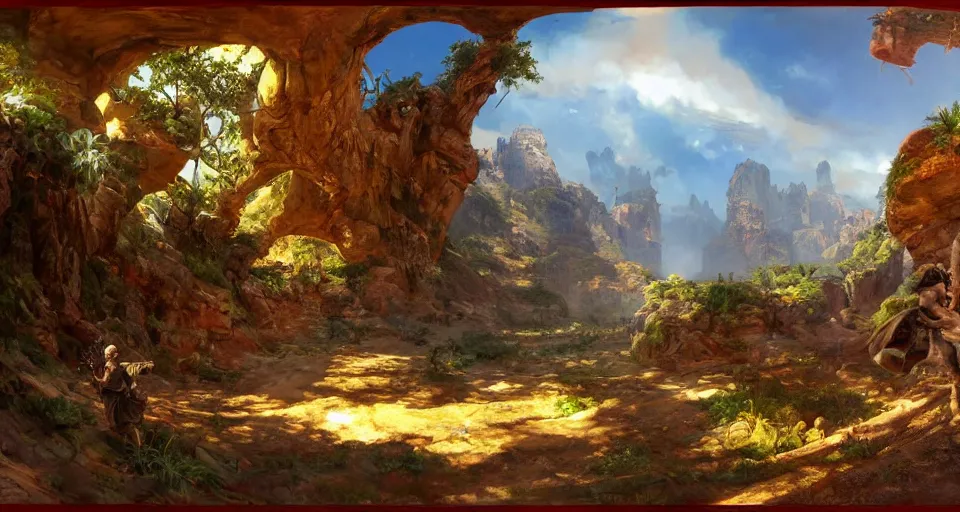 Image similar to A panoramic 360 photo of gameplay from a videogame painted by James Gurney. Matte painting. Fantastic incredible intriguing mysterious engaging impressive masterpiece lighting. Colorful environment, rule of thirds, symmetrical balance, depth layering, polarizing filter, Sense of Depth, AI enhanced