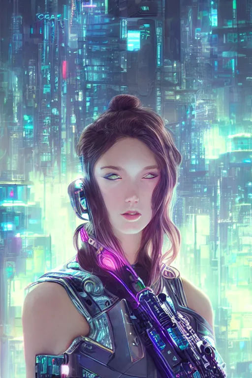 Image similar to portrait futuristic Cyber warrior Girl, in future cyberpunk tokyo rooftop , ssci-fi, fantasy, intricate, very very beautiful, elegant, neon light, highly detailed, digital painting, artstation, concept art, smooth, sharp focus, illustration, art by WLOP and tian zi and alphonse mucha