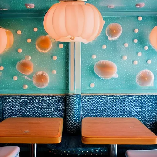 Prompt: inside of a diner with jellyfish lampshades, polka dot tables, cozy lighting, late night, photo