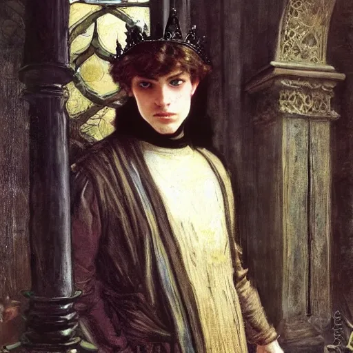 Prompt: painting of handsome beautiful medieval prince in his 2 0 s named shadow wearing a crown, elegant, clear, sharp focus, painting, stylized, art, art by john everett millais, john william waterhouse