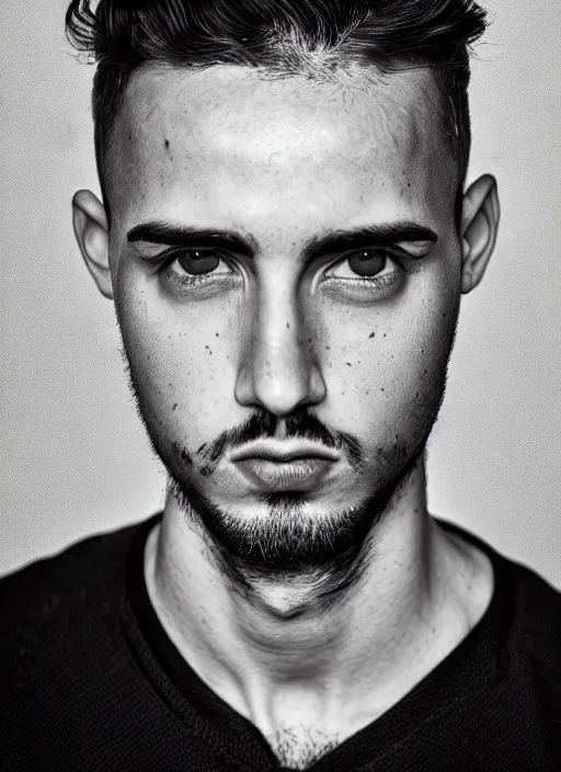 Prompt: black and white head shot, studio photograph of a young male symmetrical handsome andrea belluci the painter artist, casual clothes, anxiety and depression, intricate, elegant, highly detailed, hyper realistic, dark background, flickr, smooth, 4 k, 3 0 0 dpi, sharp focus, shot by canon