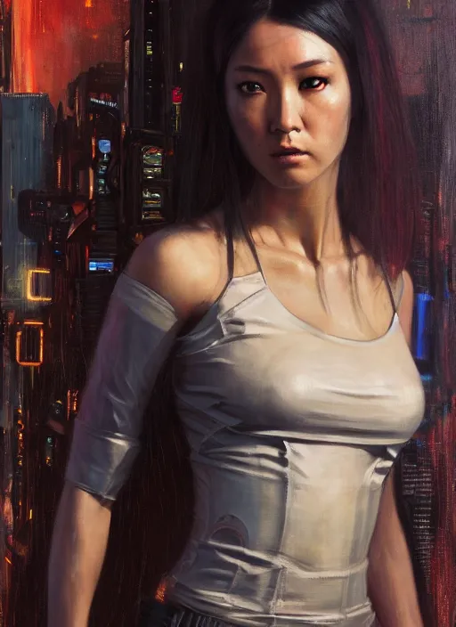 Image similar to Nikki Tanaka. Cyberpunk hitwoman in futuristic clothes (blade runner 2049, cyberpunk 2077). Orientalist portrait by john william waterhouse and James Gurney and Theodore Ralli and Nasreddine Dinet, oil on canvas. Cinematic, hyper realism, realistic proportions, dramatic lighting, high detail 4k