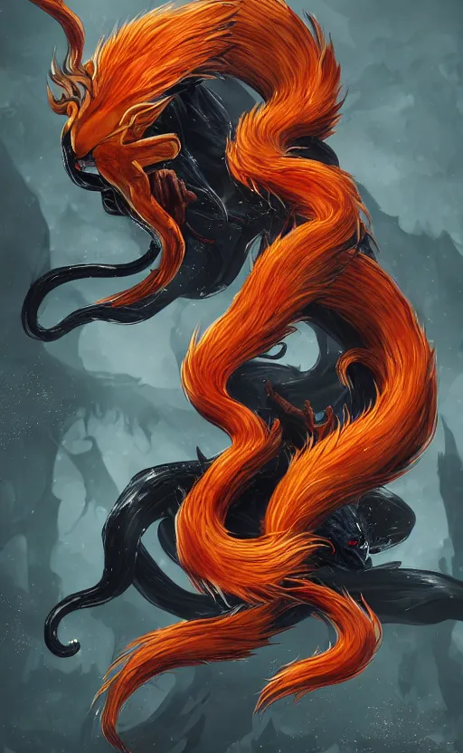 Image similar to venom as the nine tailed fox, kurama, dynamic lighting, photorealistic dark fantasy concept art, trending on art station, stunning visuals, creative, cinematic, ultra detailed