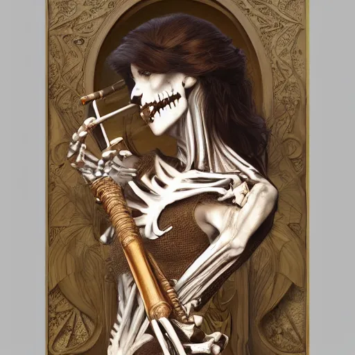 Image similar to a skeleton woman, playing the flute historical, intricate, highly detailed, dynamic lighting, digital art, digital painting, artstation, wlop, sharp focus, illustration, art by artgerm and greg rutkowski and alphonse mucha, 8 k