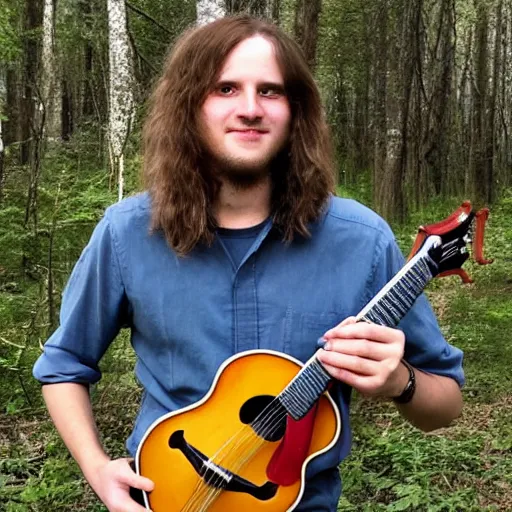 Image similar to a photo of a young man with long hair playing mandolin in the wilderness