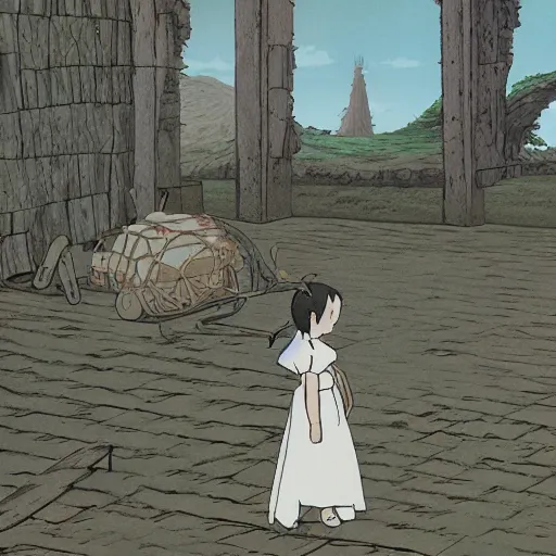 Prompt: ghost of a young girl, a burnt out village, photorealism, cel shaded, studio ghibli, hayao miyazaki