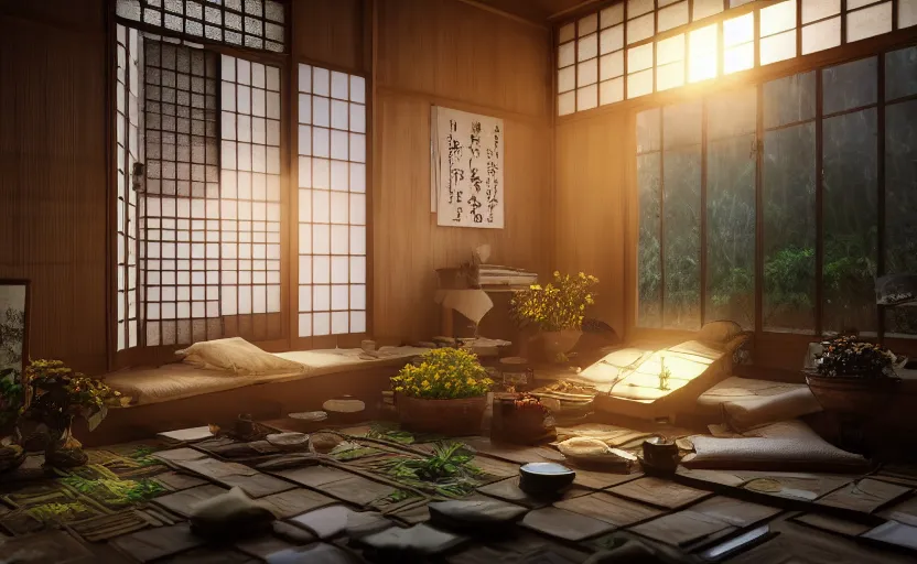 Image similar to interior view of a Japanese herbalist cottage, waxy candles, books, flowers, wood furnishings, light bloom, dust, ambient occlusion, rays of light coming through windows, trending on artstation