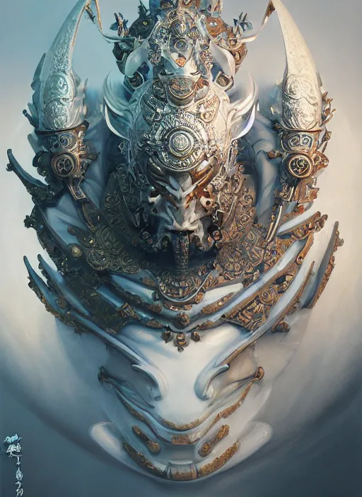 Image similar to subsurface scattering, white, koi, samurai deity with filigree ivory armor, octane render, by jesper ejsing, james jean, justin gerard, tomasz alen kopera, cgsociety and fenghua zhong, highly detailed, rim light, cinematic lighting, art, very coherent, cinematic, hyper realism, high detail, 8 k