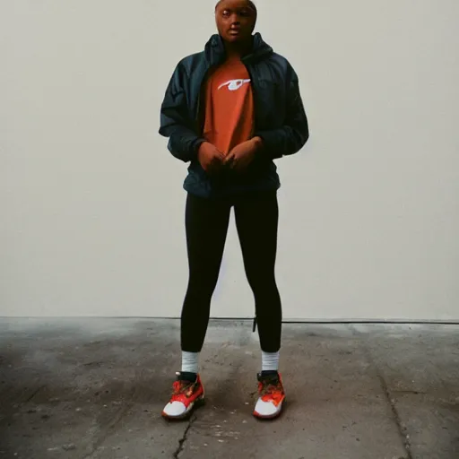 Prompt: realistic photoshooting for a new nike acg lookbook, color film photography, portrait of a beautiful woman, photo in style of tyler mitchell, 3 5 mm,