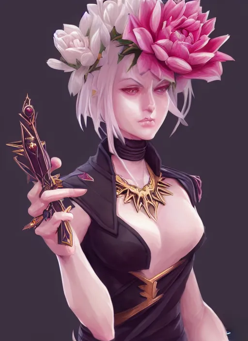 Prompt: beautiful and cool female dark magician, wide angle view, flowers, skulls, black, white, pink, gold colors, shiny, highly detailed, artgerm, cushart krenz, artstation, soft light, sharp focus, illustration, character design, concept art