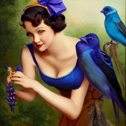 Image similar to pinup girl holding an indigo bunting, bird, the bird is wearing a crown and bowtie by greg rutkowski, rossdraws, gil elvgren, enoch bolles, anime, very coherent