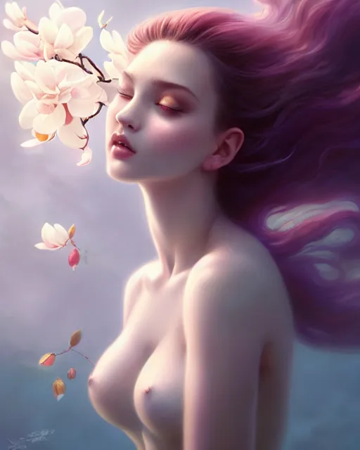 Prompt: character art of a goddess of magnolias as windy dusty underwater angelic young female | | seductive - fine - face, pretty face, key visual, realistic shaded perfect face, fine details by artgerm, wlop, tom bagshaw, james jean, andrei riabovitchev, marc simonetti, trending on artstation
