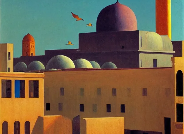 Image similar to old baghdad, clouds, bird, open ceiling, strange foreign objects, oil painting by edward hopper, chirico and rene magritte