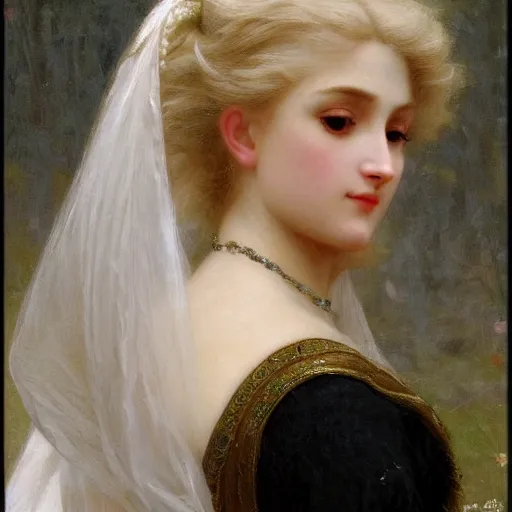 Prompt: portrait painting of a princess, close-up, highly beautiful, elegant, graceful, platinum hair, pale, by Bouguereau, highly detailed