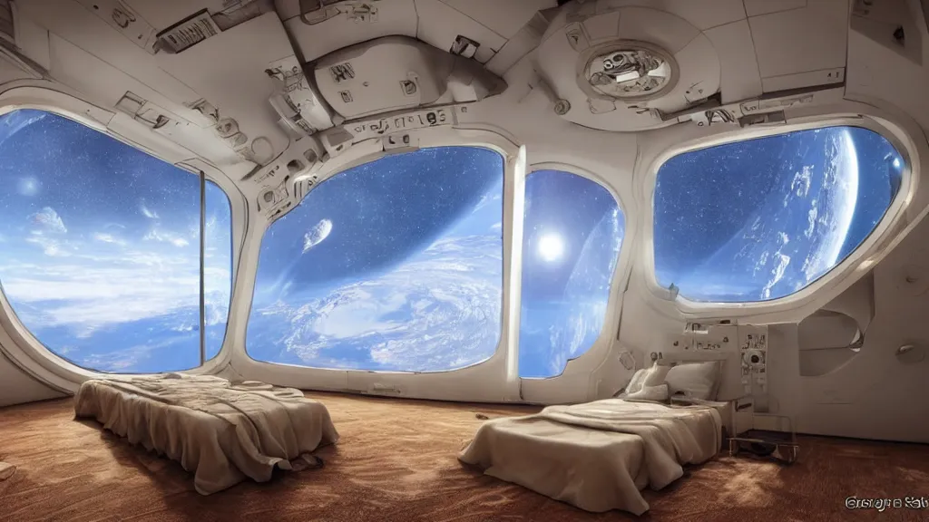 Image similar to space station futurisitc bedroom with window overlooking earth, by greg rutkowsky and ivan shishkin,