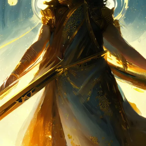 Prompt: portrait of a beautiful wielding golden swordsman falling into the stars by greg rutkowski, 4k, intricate details