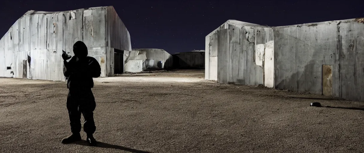 Image similar to a high quality color wide shot hd 4 k film 3 5 mm photograph of a bulky figure wearing a hoodie in full shadow silhouette sneaking around the exterior a top secret military base in antarctica at night