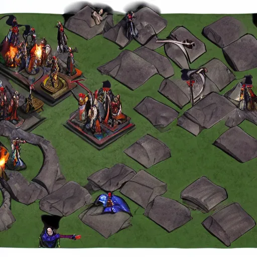 Image similar to Evil mage is standing on top of his tower, raising hands up high and leading his horde of zombies to outer lands. Isometric, high angle, big scale battle map. Highly detailed digital art, unreal engine.