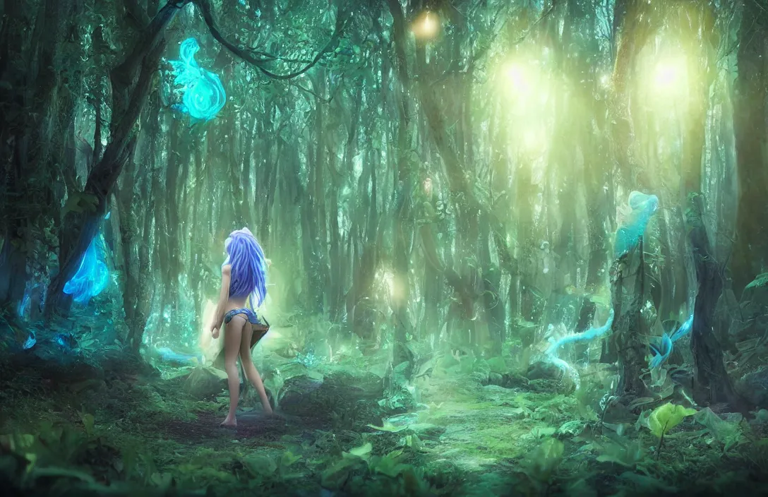 Prompt: beautiful fairie girl with flowing blue hair, walking through a bioluminescent magical forest, magical, dreamy, cinematic lighting, beautiful lighting, hyperdetailed, passionate, 4 k render, octane 3 d render, artstation