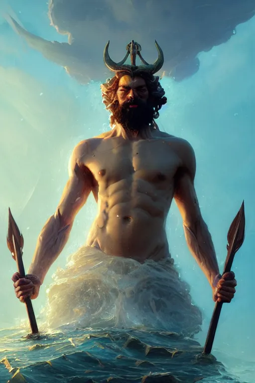 Image similar to highly detailed close up portrait of god poseidon holding trident, stephen bliss, unreal engine, fantasy art by greg rutkowski, rhads, ferdinand knab, makoto shinkai and lois van baarle, ilya kuvshinov, rossdraws, tom bagshaw, global illumination, radiant light, detailed and intricate environment