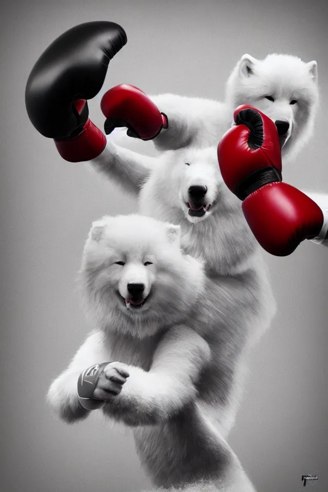 Image similar to samoyed dog head on a human body as a muay thai kickboxer, gloves on hands, world championship fight, photorealistic, cinematic lighting, film still