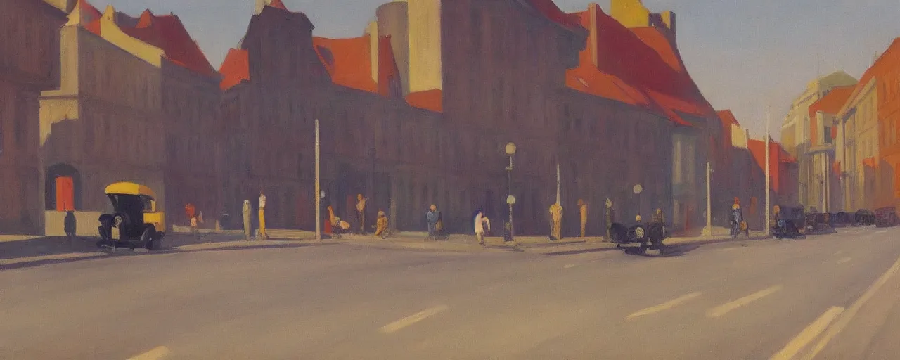 Image similar to an edward hopper style painting of a busy road of ( ( ( ( ( ( ( ( gyor ) ) ) ) ) ) ) ) in hungary, late - autumn, november of 1 9 4 8