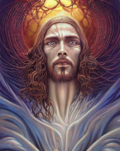 Image similar to jesus christ, by antonio j. manzanedo, giger, alex grey, android jones, wayne barlowe, philippe druillet, raymond swanland, cyril rolando, josephine wall, harumi hironaka, trending on artstation