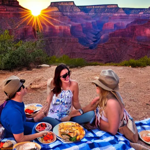 Image similar to a picnic at the bottom of the grand canyon, golden hour