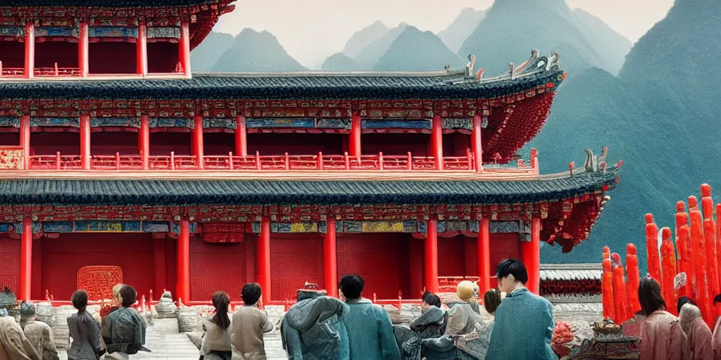 Image similar to a very high resolution image from a new movie, upside - down chinese temple, beautiful scenery, photorealistic, photography, directed by wes anderson