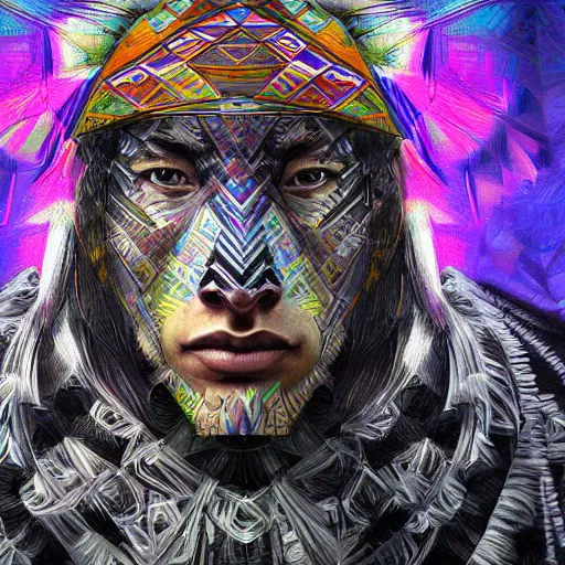 Image similar to digital painting of a warrior shaman with geometric patterns and animals by android jones