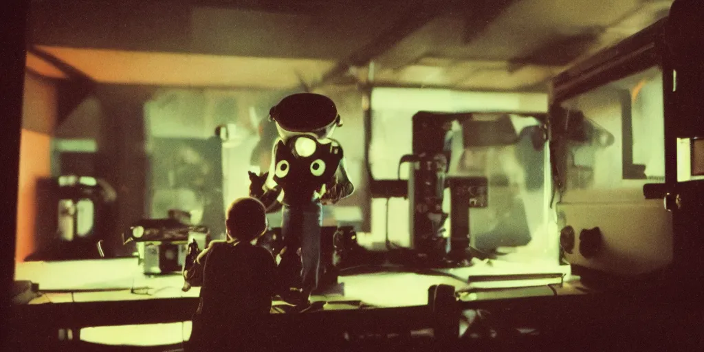 Prompt: a screaming mechanical monster child with a TV monitor head, inside of a 1970s science lab, neon lights, dirty, ektachrome photograph, volumetric lighting, f8 aperture, cinematic Eastman 5384 film