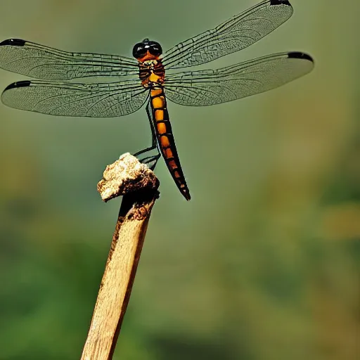 Prompt: Dragonfly with a dragon head sitting on a mountain top, photograph