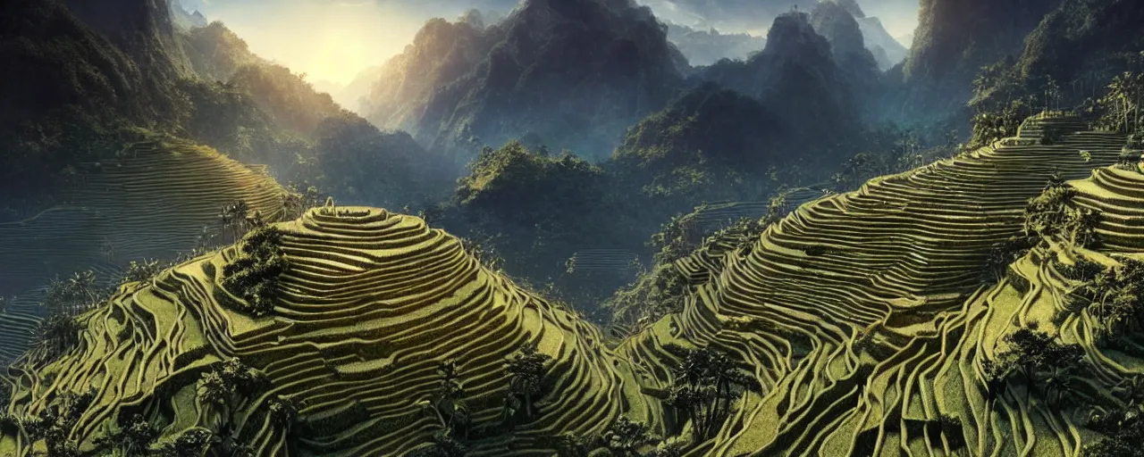 Prompt: an intricate concept art of sci - fi megastructures in rice terraces in the mountains, artstation, photorealistic movie still, sci - fi, hyper realistic, concept art, art by dylan cole, feng zhu, artgerm, greg rutkowski, cinematic lighting, octane render