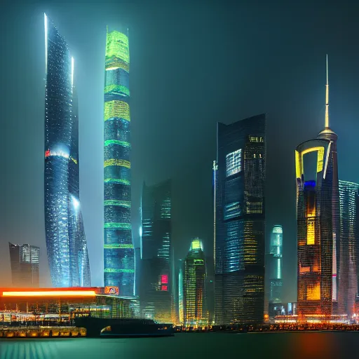 Image similar to cyberpunk shanghai lujiazui in the night seen from below, cityscape, mist, rain, artstation, 8 k