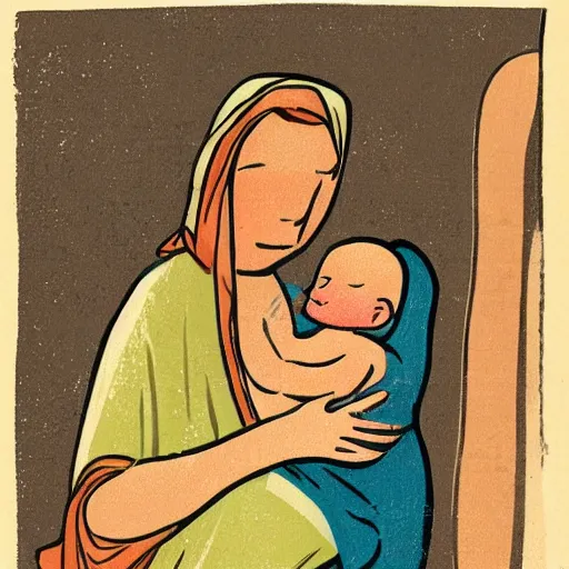 Image similar to 40s illustration of 80 year old sentimental Mediterranean skinned woman in ancient Canaanite clothing holding a newborn baby, crying, awe, love, ancient interior tent background