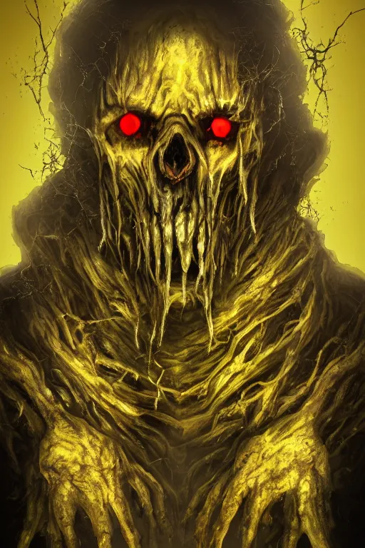 Image similar to portrait of the god of decay and rot, character design, scary, radiating with power, glowing yellow eyes, whirling death, disgusting, dripping, oily, decomposition, ghostly mist, scary, unreal engine, photorealistic