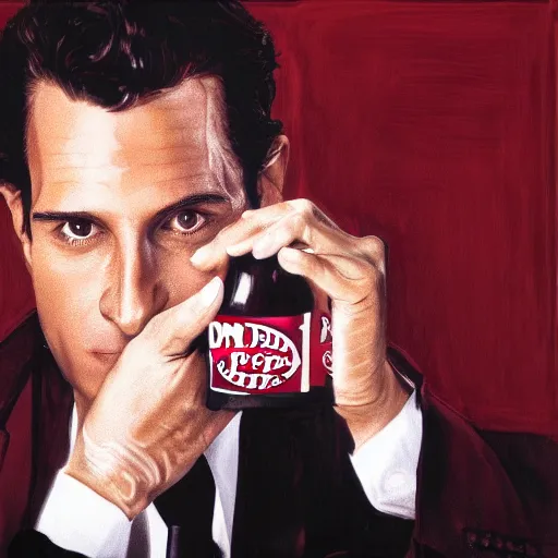 Image similar to patrick bateman drinking dr pepper, photorealistic art, 8 k